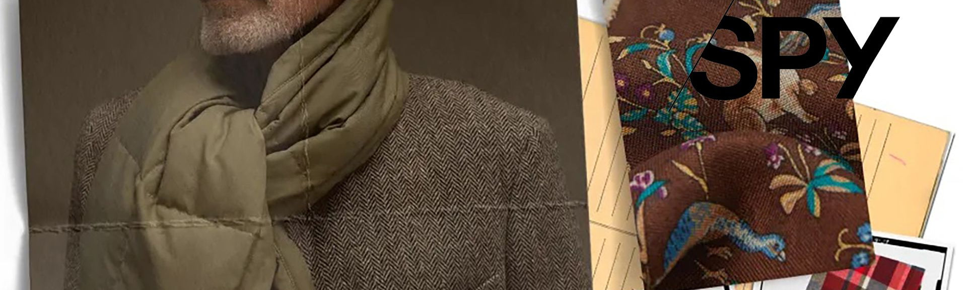 Close-up of folded scarves in brown and burgundy patterns, next to the SPY logo