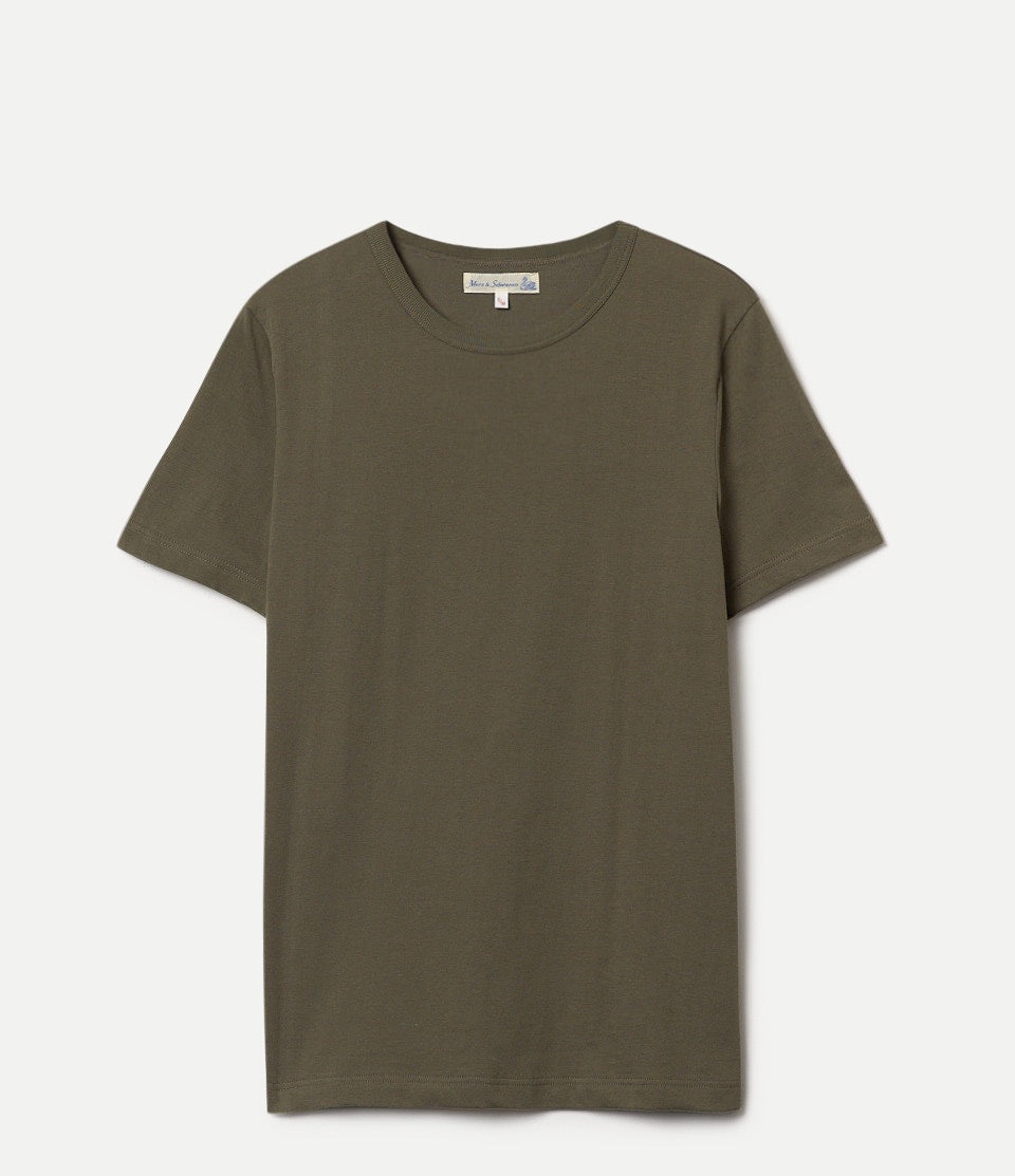 Olive green loopwheeled t-shirt on a white background