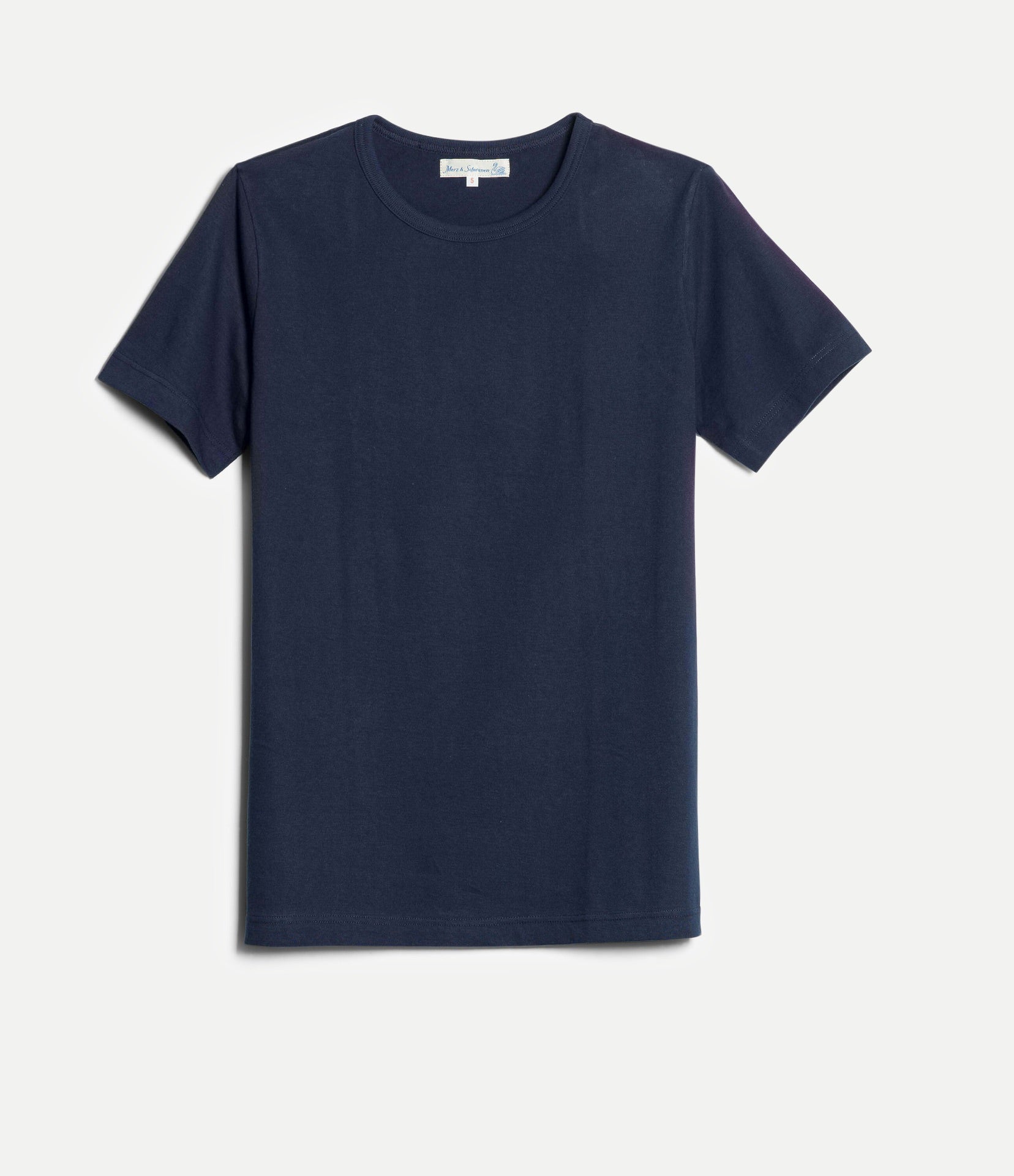 Ink blue loopwheeled t-shirt on a light gray background
