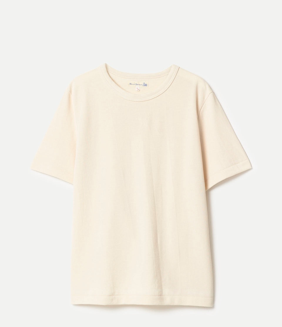 Beige loopwheeled pikée t-shirt on a white background