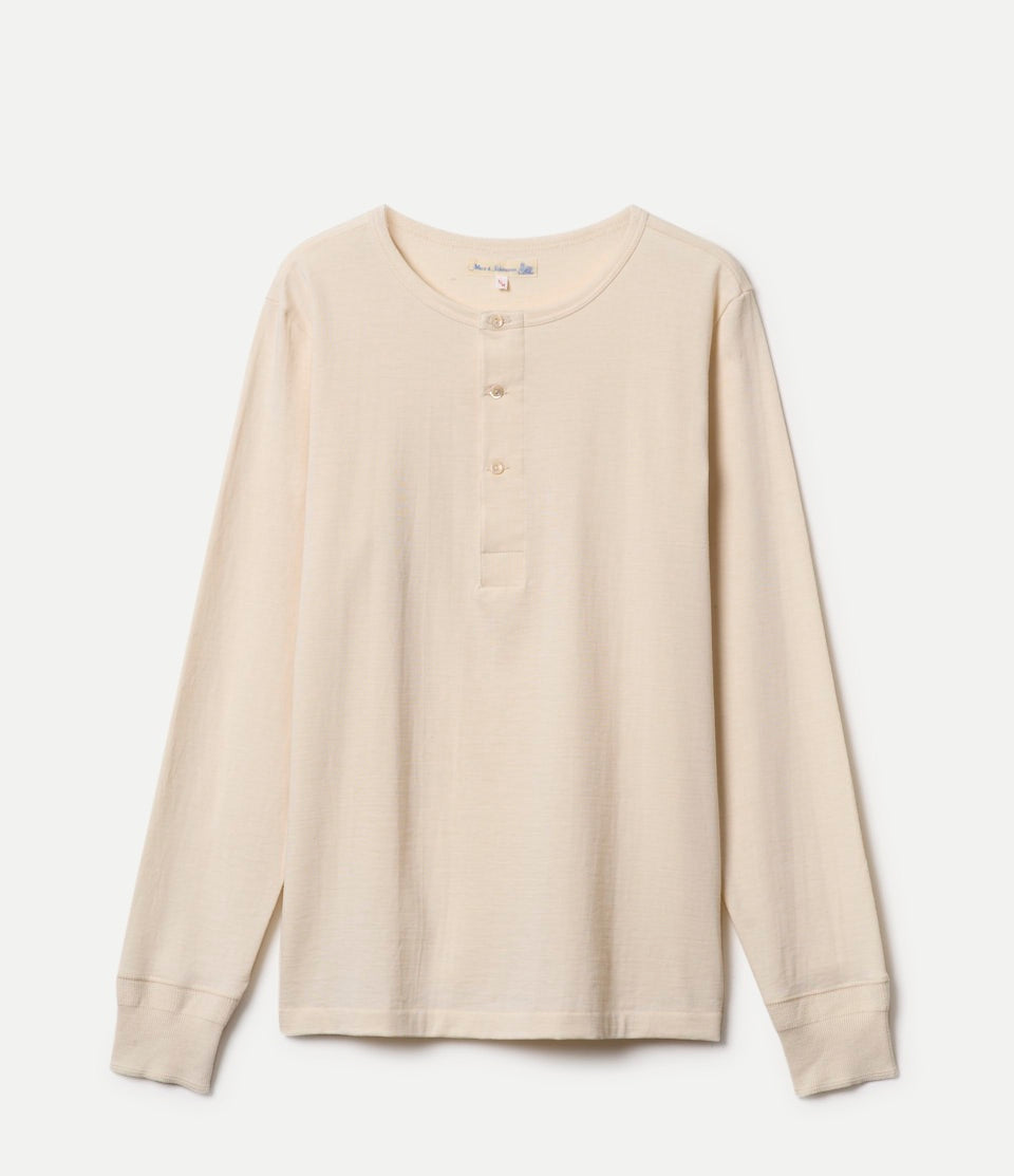Beige long-sleeve henley shirt on a white background