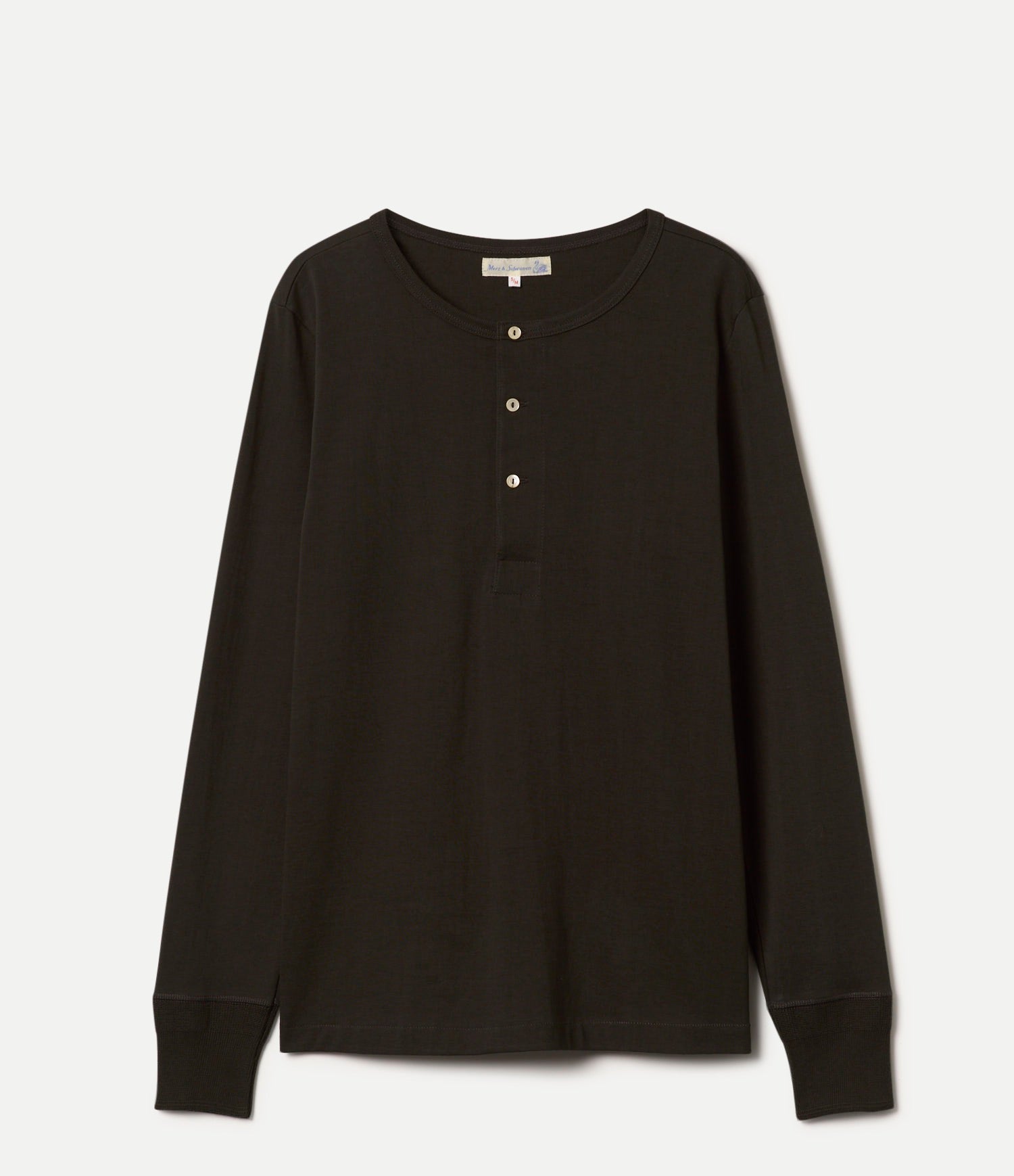 Dark green long-sleeve henley shirt on a light gray background