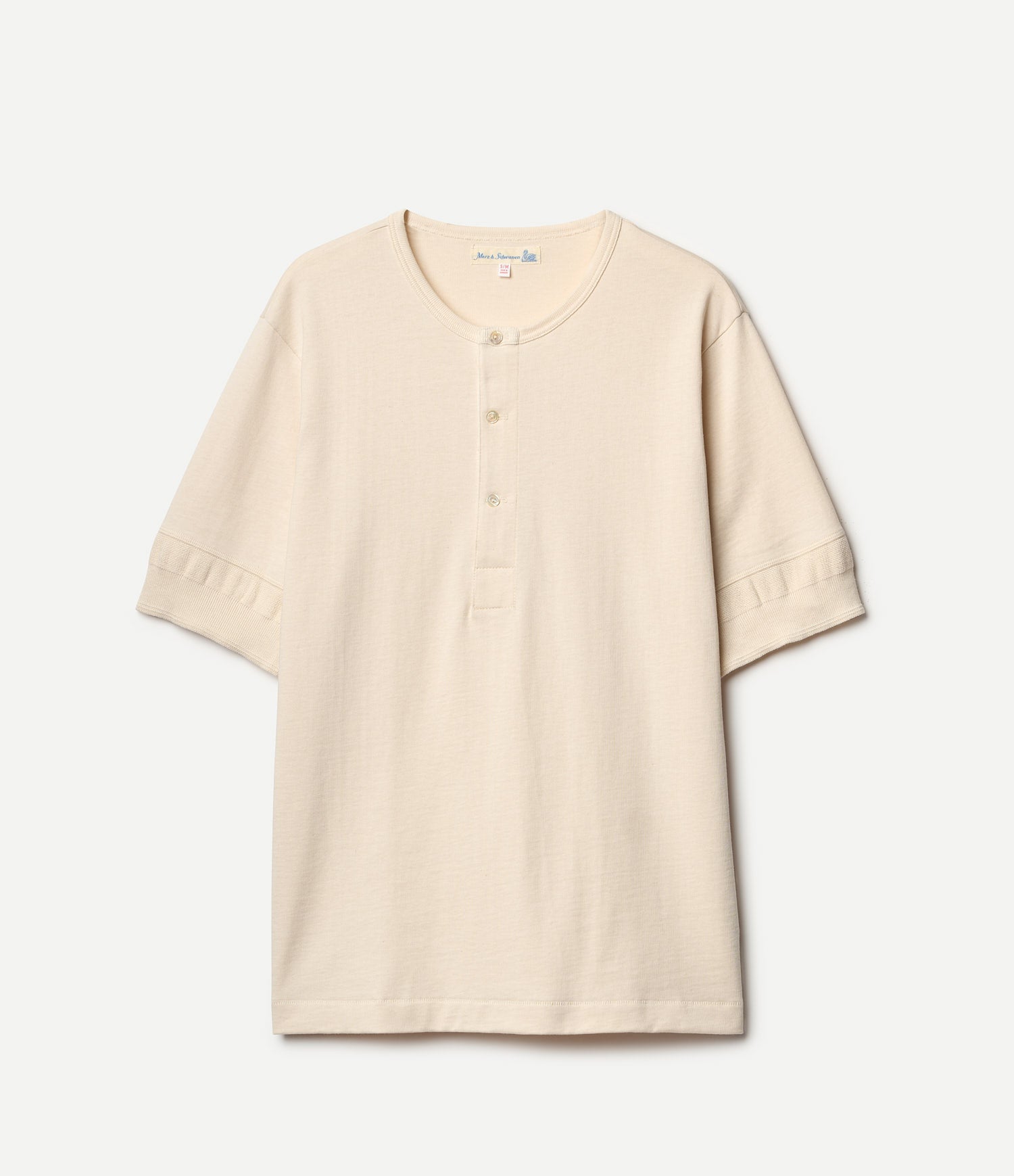 Beige short-sleeve henley shirt on a white background
