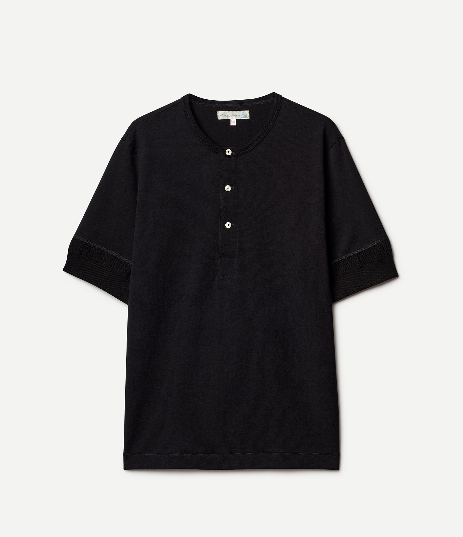 Black short-sleeve henley shirt with buttons on a white background