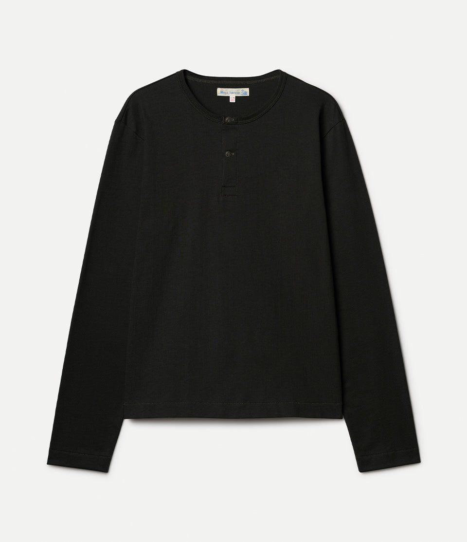 A black long-sleeve henley shirt with a three-button placket, laid flat against a light gray background.