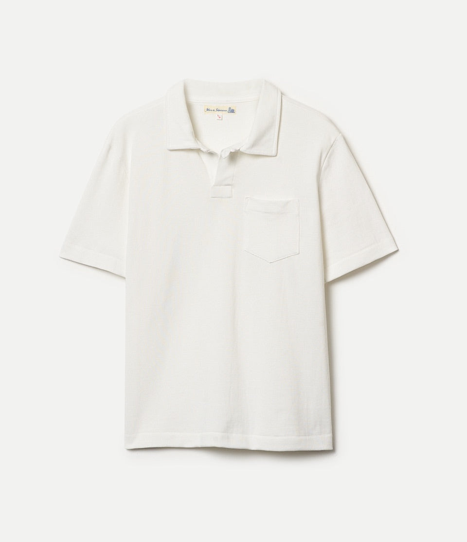 White loopwheeled pikee polo shirt on a white background