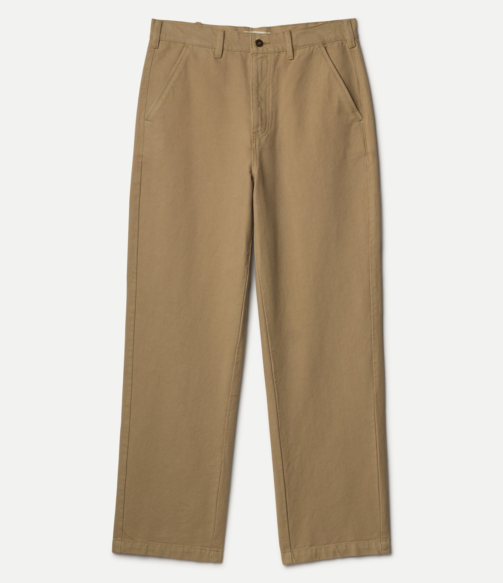 A pair of straight-leg khaki pants shown flat against a light gray background.