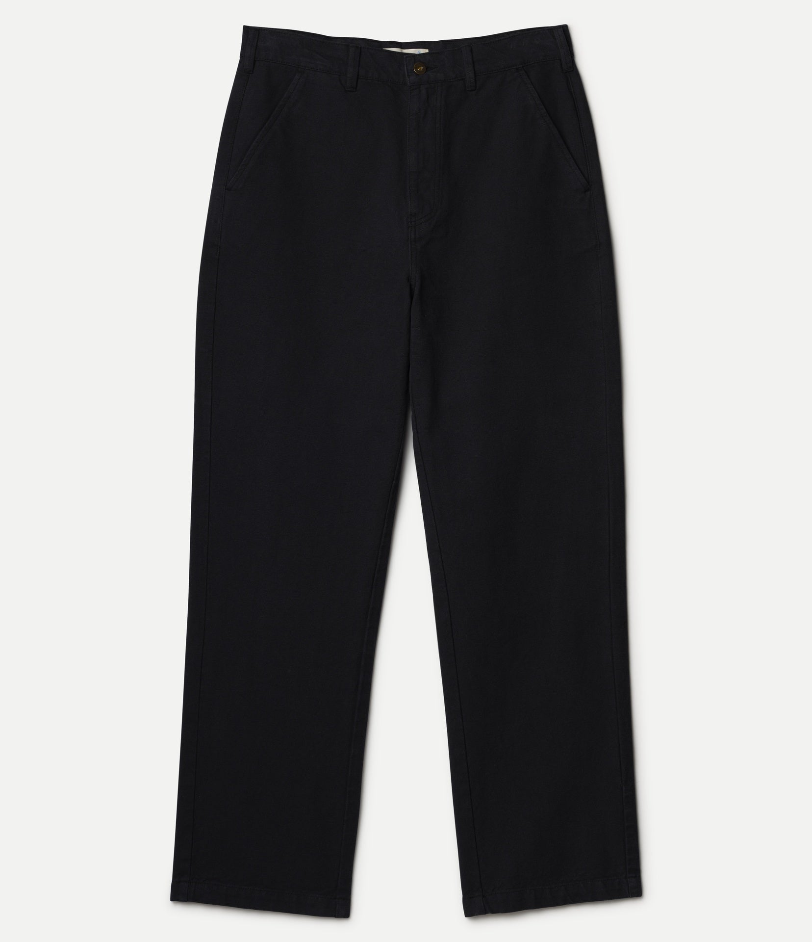 Black straight-leg cotton canvas trousers shown flat against a light off-white background.