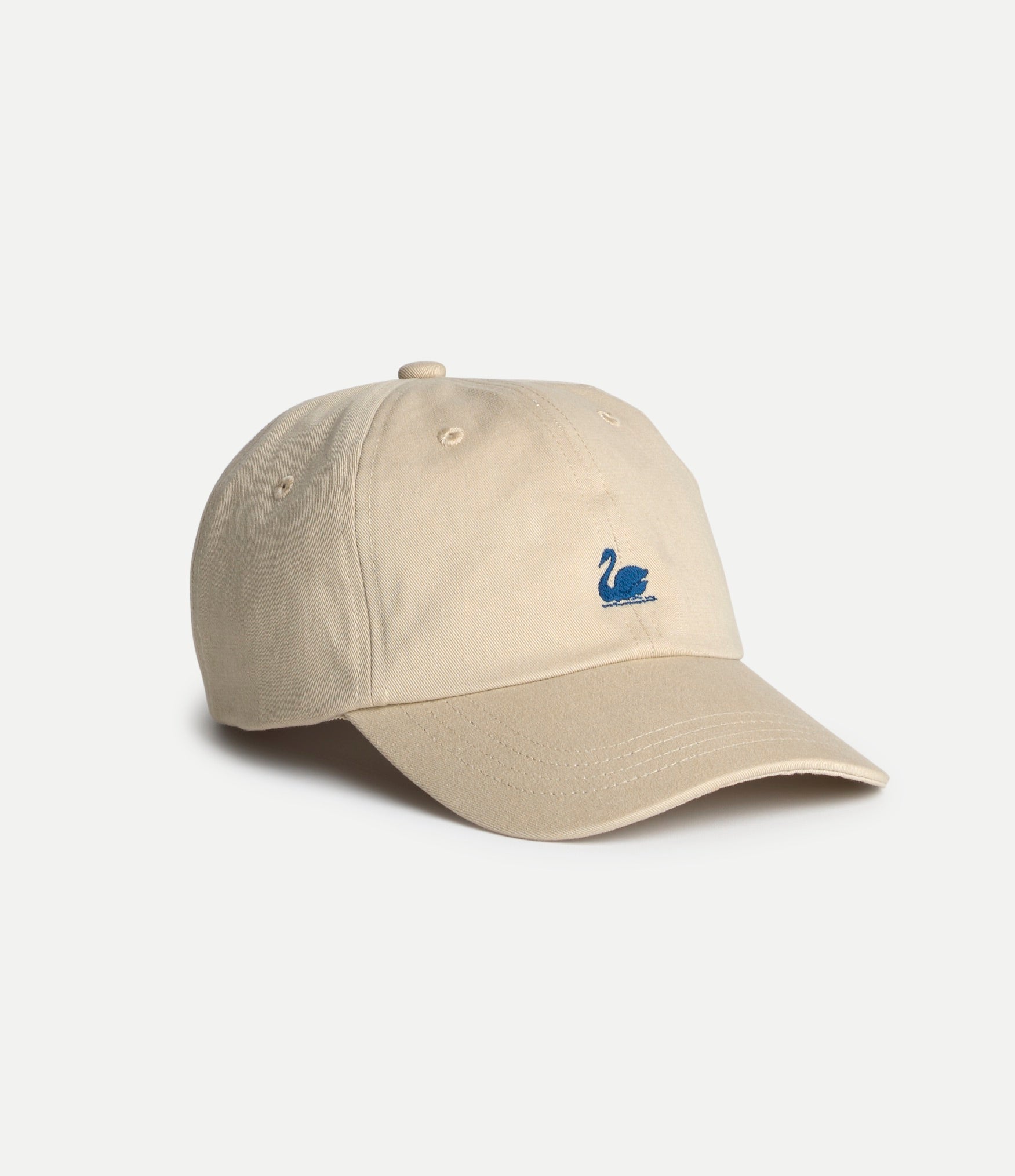 Beige cap with an embroidered blue swan logo on a white background