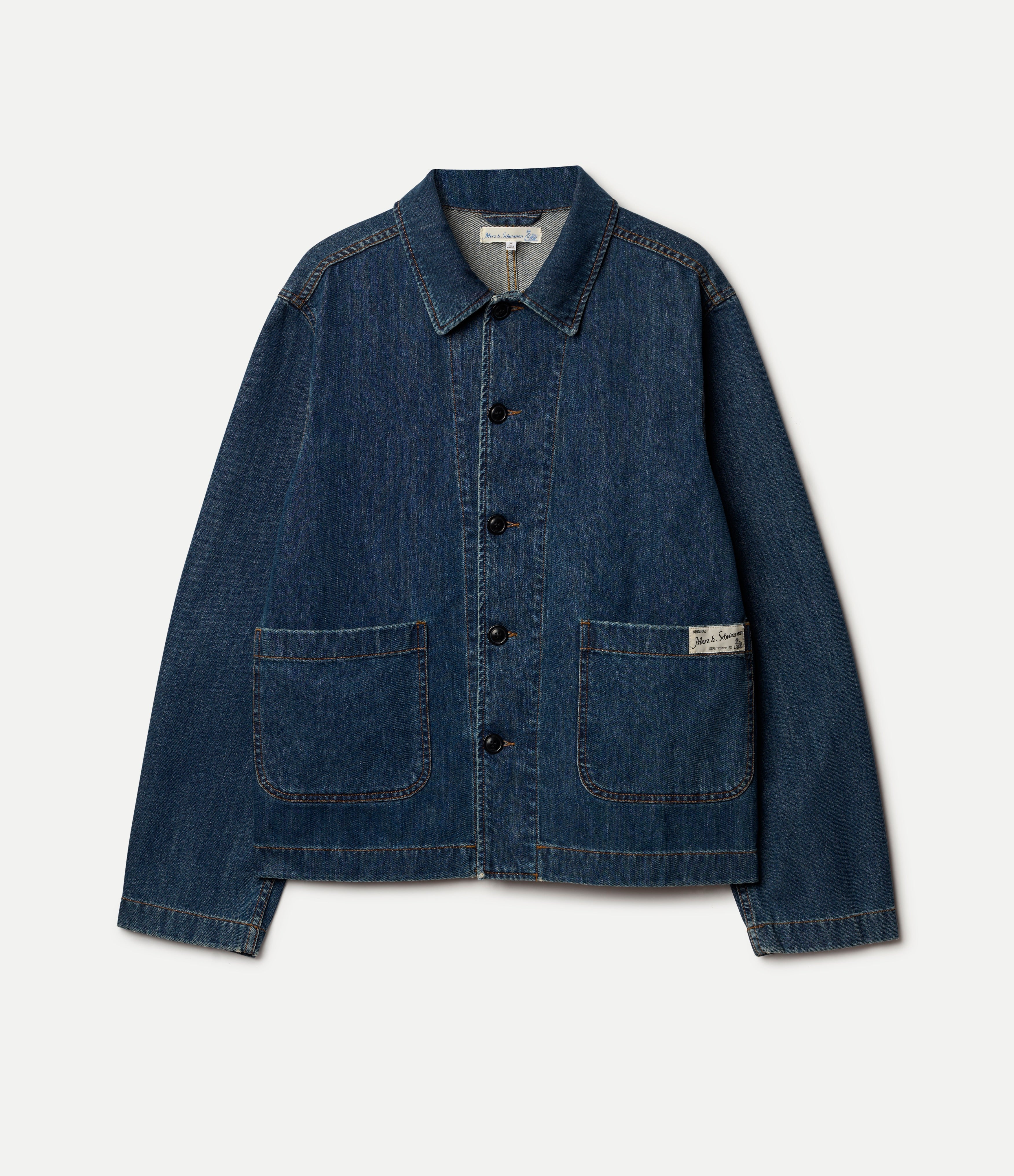 Blue denim jacket on a light gray background