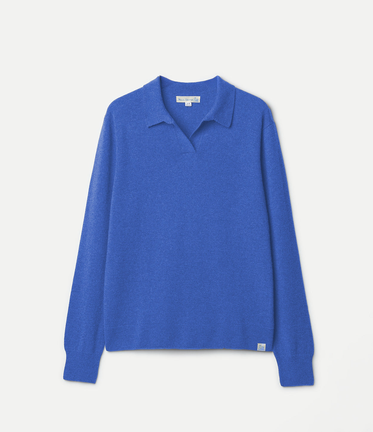 Blue long-sleeve shirt on a white hanger against a light gray background