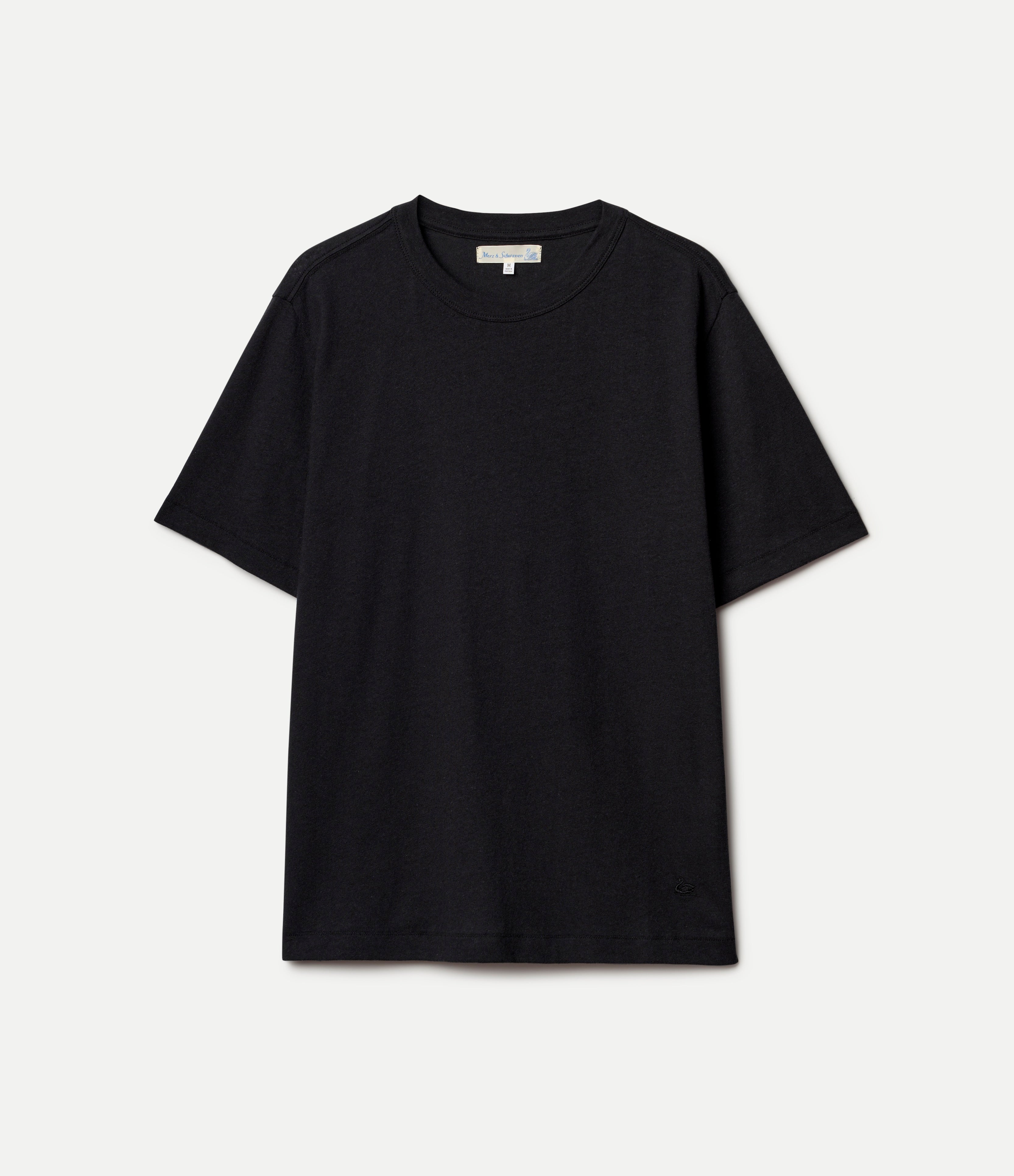 Black linen t-shirt on a light gray background