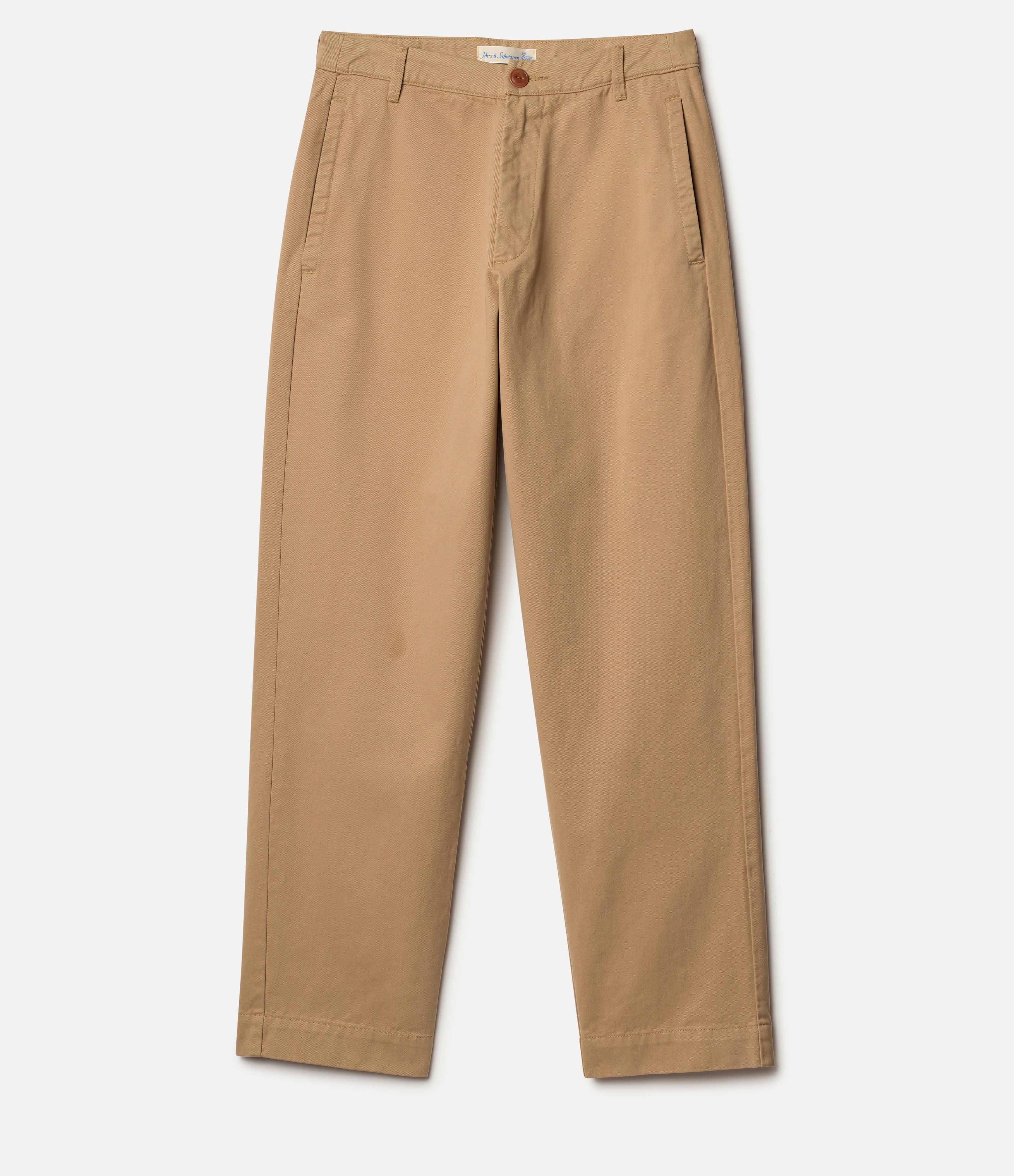 Beige cotton twill pants on a white background