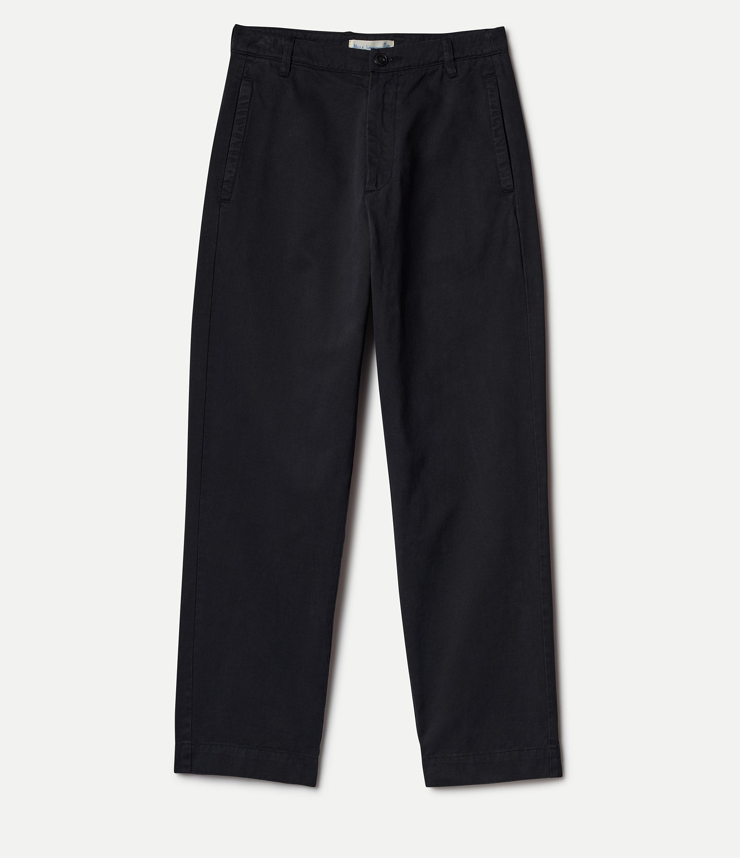 Black cotton twill pants on a white background