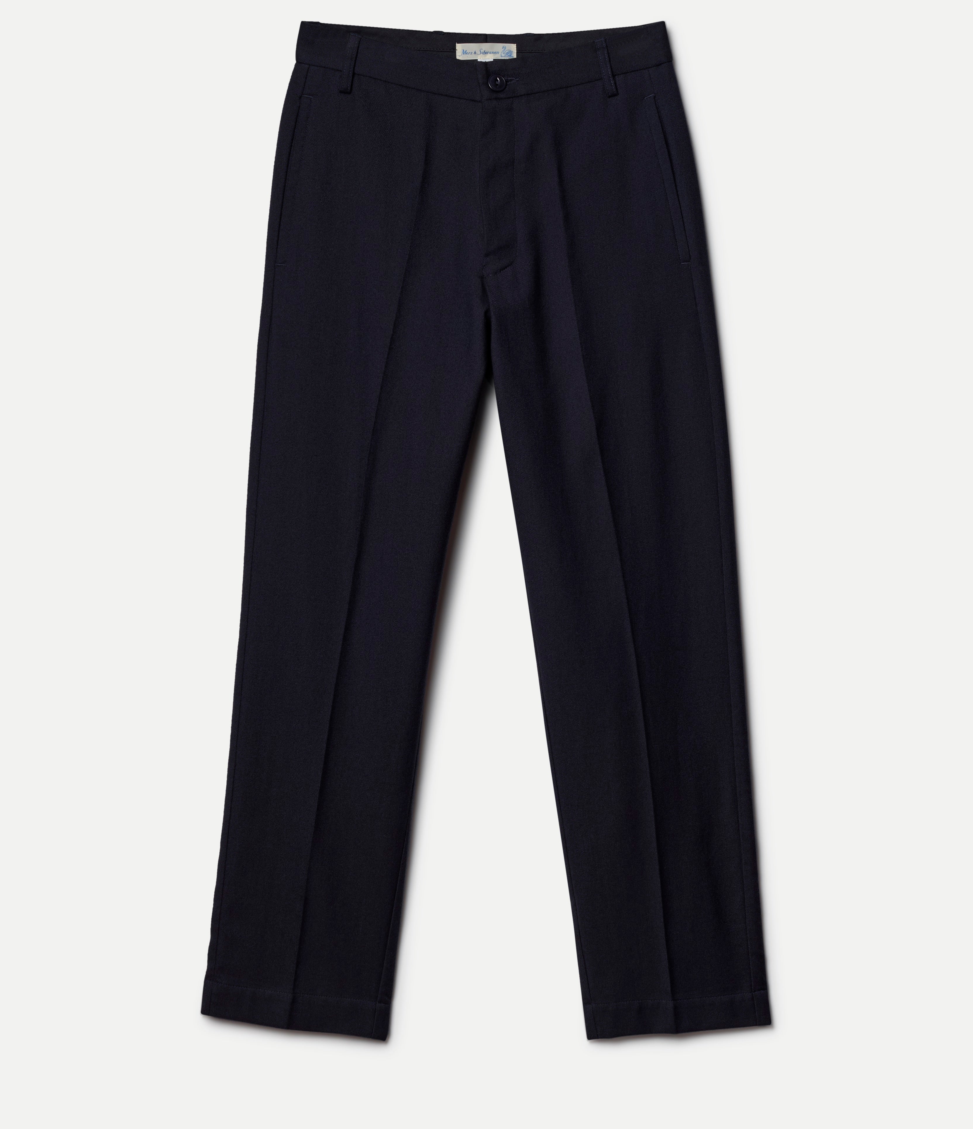 Navy blue dress pants on a white background