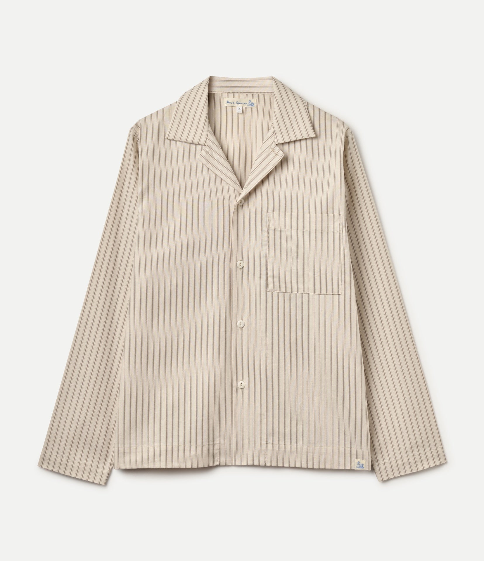 A beige and white vertically striped long-sleeve button-up shirt with a collar and chest pocket, displayed flat against a light off-white background.