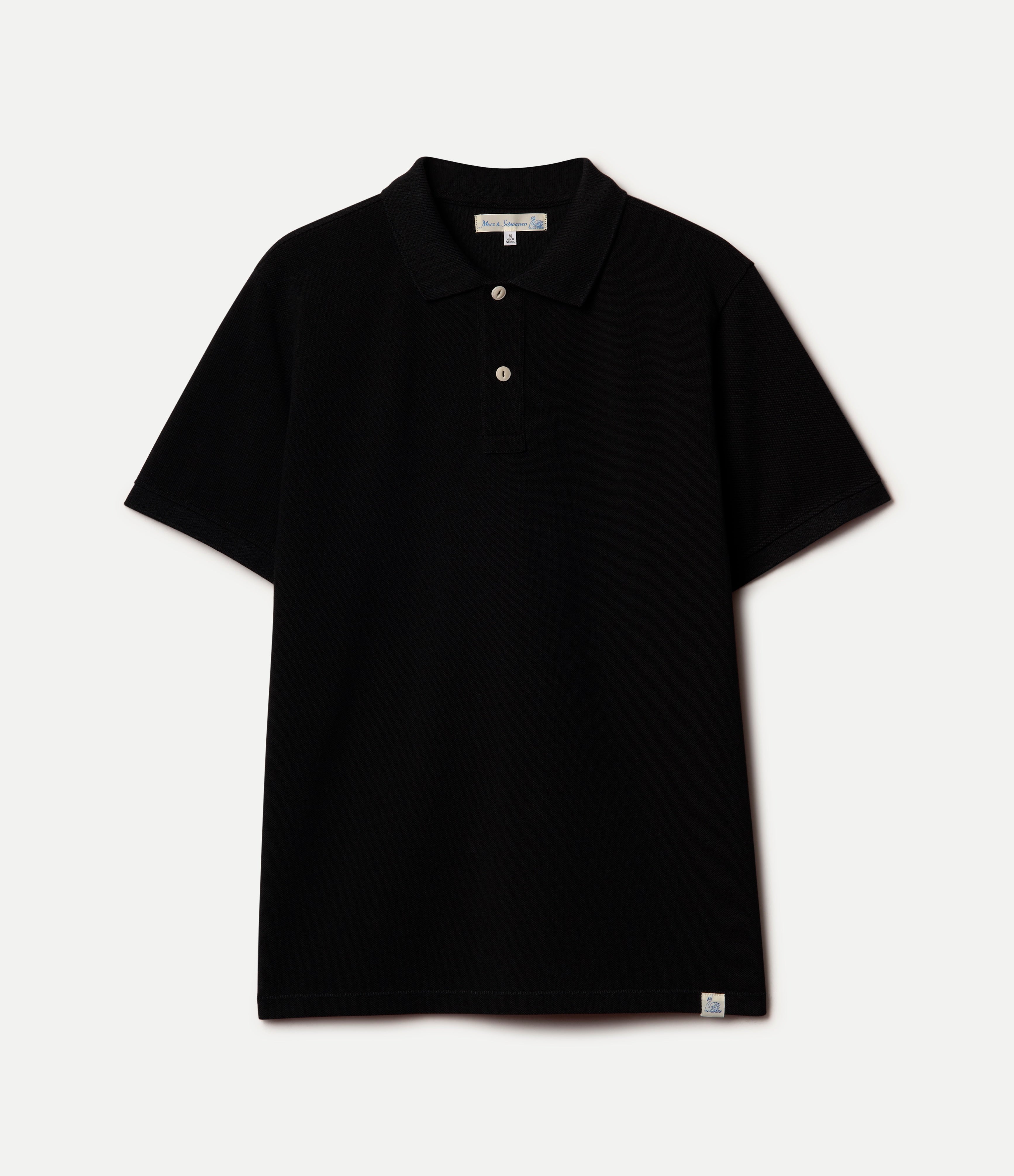 Black short-sleeve polo shirt on a light gray background