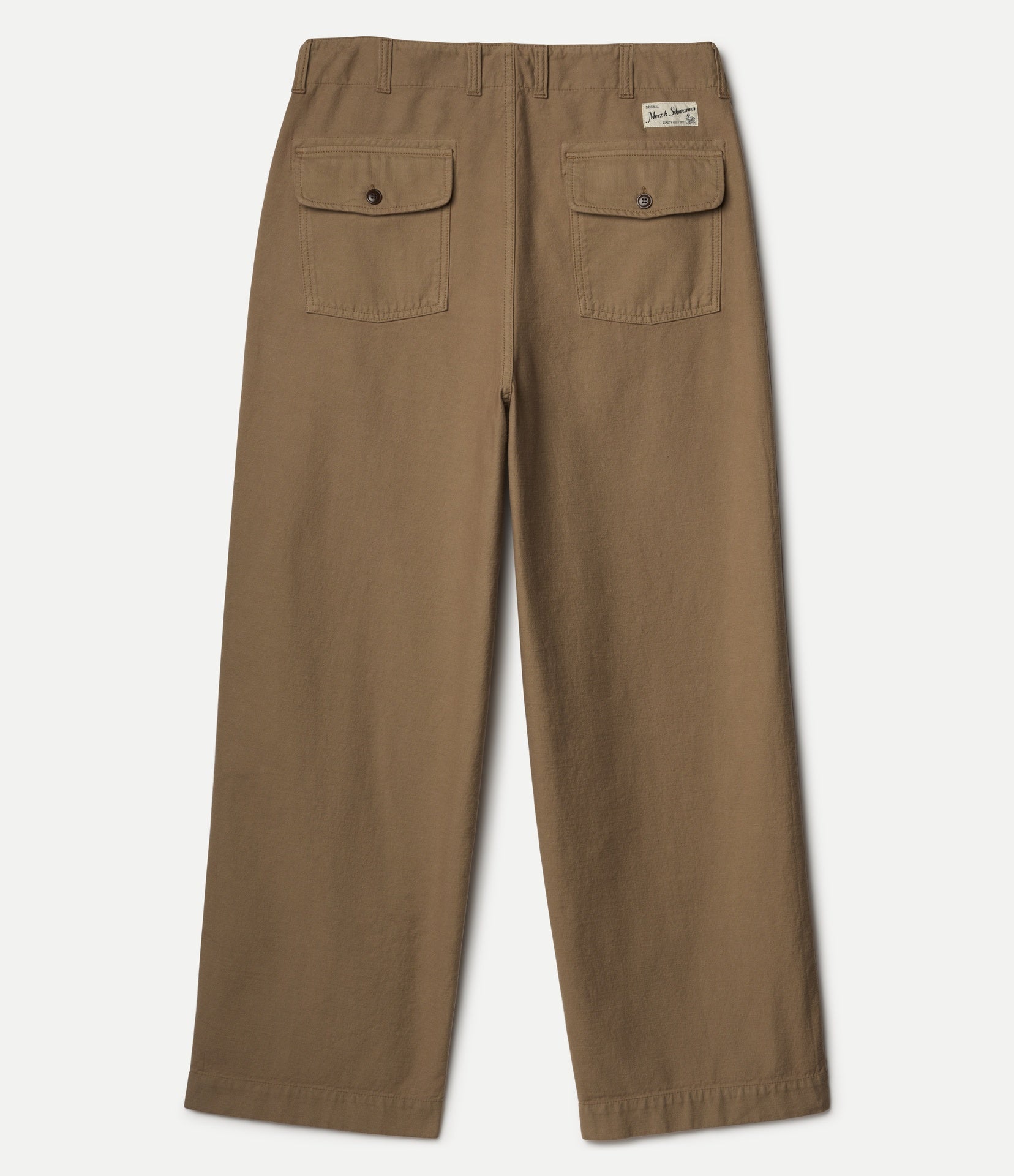 A pair of brown pants shown from the back, featuring two buttoned flap pockets and a waistband, photographed against a light gray background.