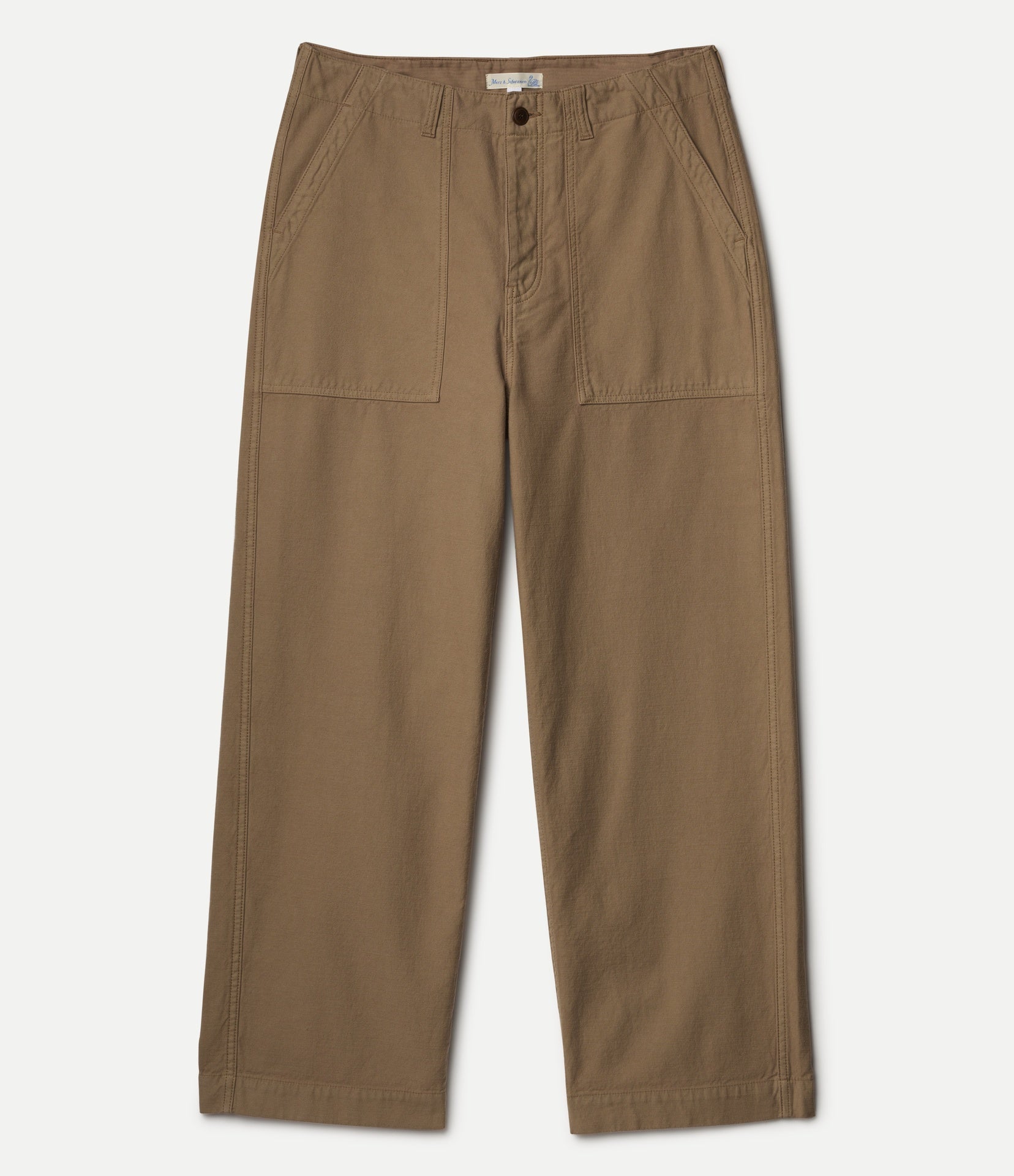 A pair of straight-leg chino pants in a warm khaki brown color, featuring a button closure, belt loops, and two large front patch pockets, shown flat against a light off-white background.