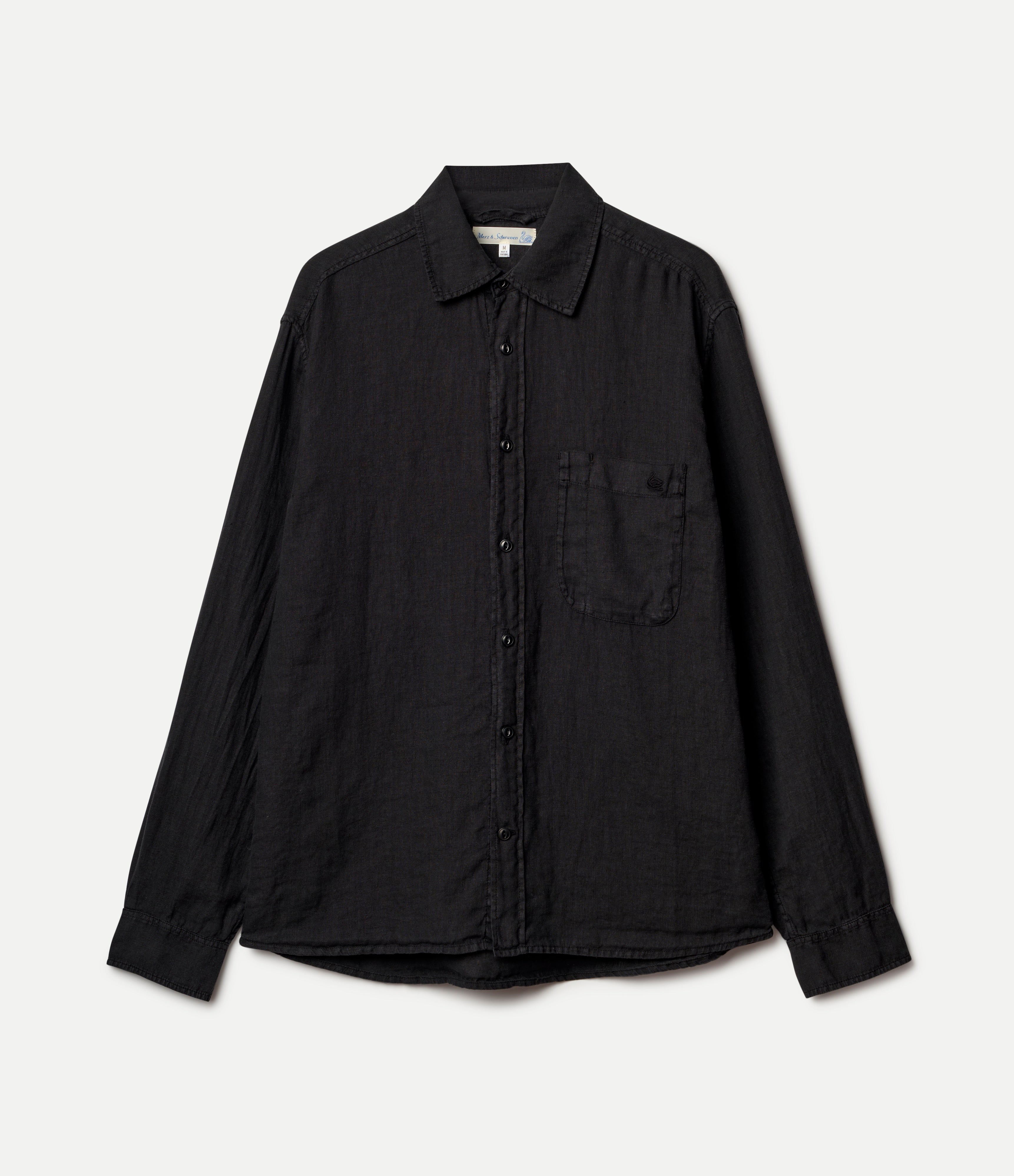 Black button-up linen shirt on a light gray background