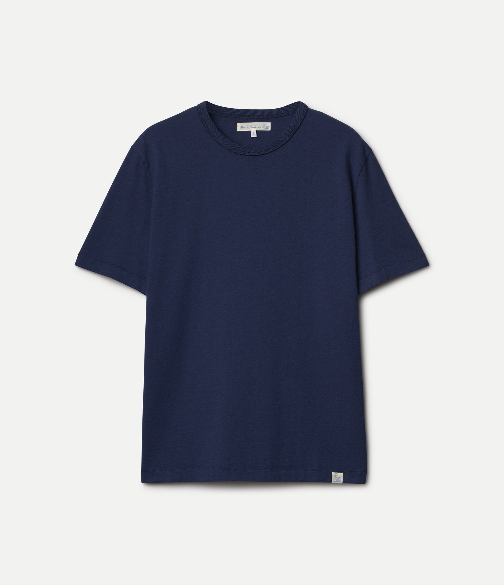 Navy blue crew-neck t-shirt on a light gray background