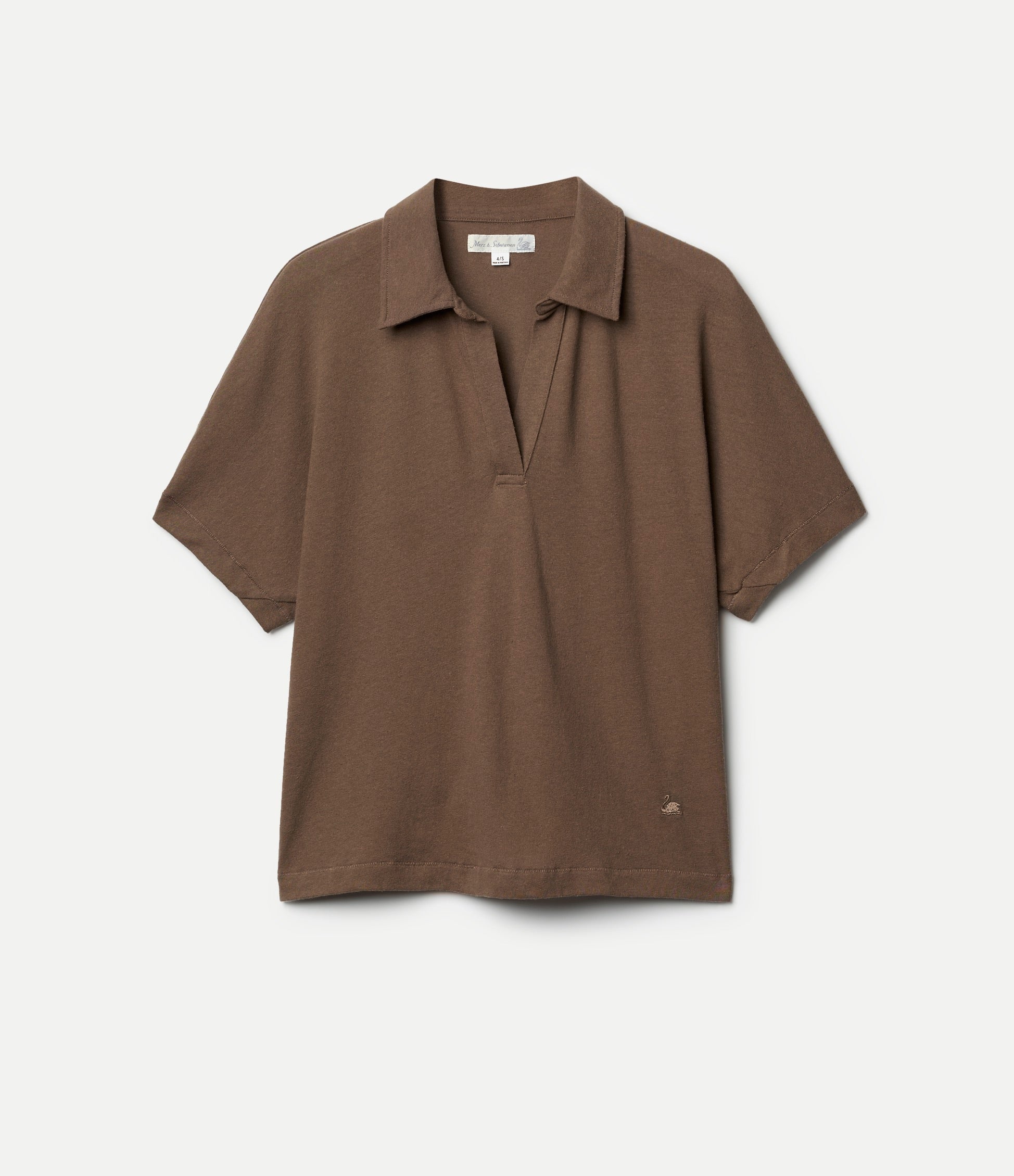 Brown linen polo shirt on a light gray background