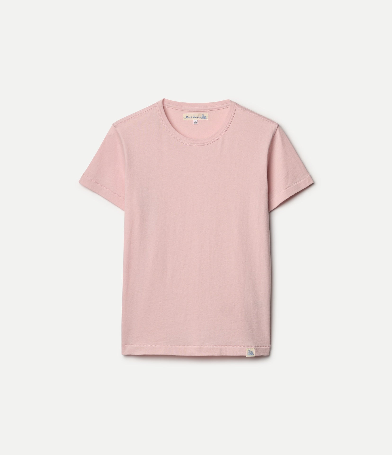 A light pink short-sleeve crewneck t-shirt laid flat against a light gray background.
